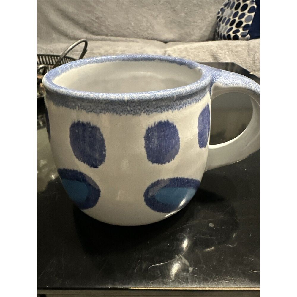 Portugal pottery mug cobalt blue‎ abstract polka dot ceramic redware soup 1